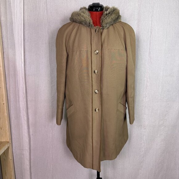 American Vintage Jackets & Blazers - Vintage Womens Beige Wool Coat With Fur Collar And Lining Button Front Size L